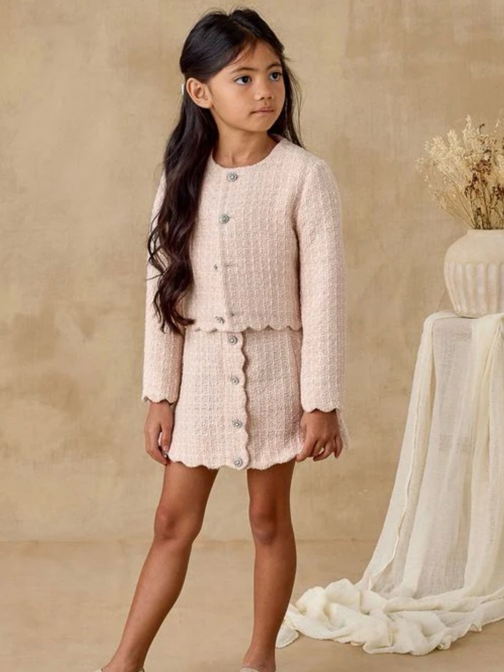 Girls Pale Pink Knit Matching Set - Jacket & Skirt